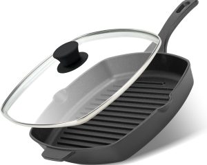 10.5 Inch Cast Iron Square Grill Pan with Tempered Glass Lid, Heavy Steak & Bacon Pans for Stove Tops