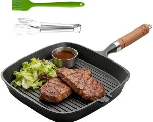 Cast Iron Grill Pan 9 Inch Griddle Pan Skillet with Kitchen Tong & Brush for Steak Searing