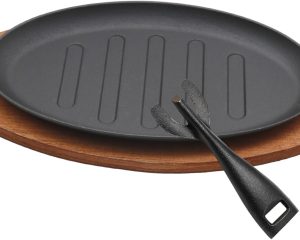 Cast Iron Steak Plate Sizzle, Round Shape Grill Fajita Server Plate, Fajita Skillet with Wooden Base Steak Pan, Household use or Restaurant Supply (10 inch)