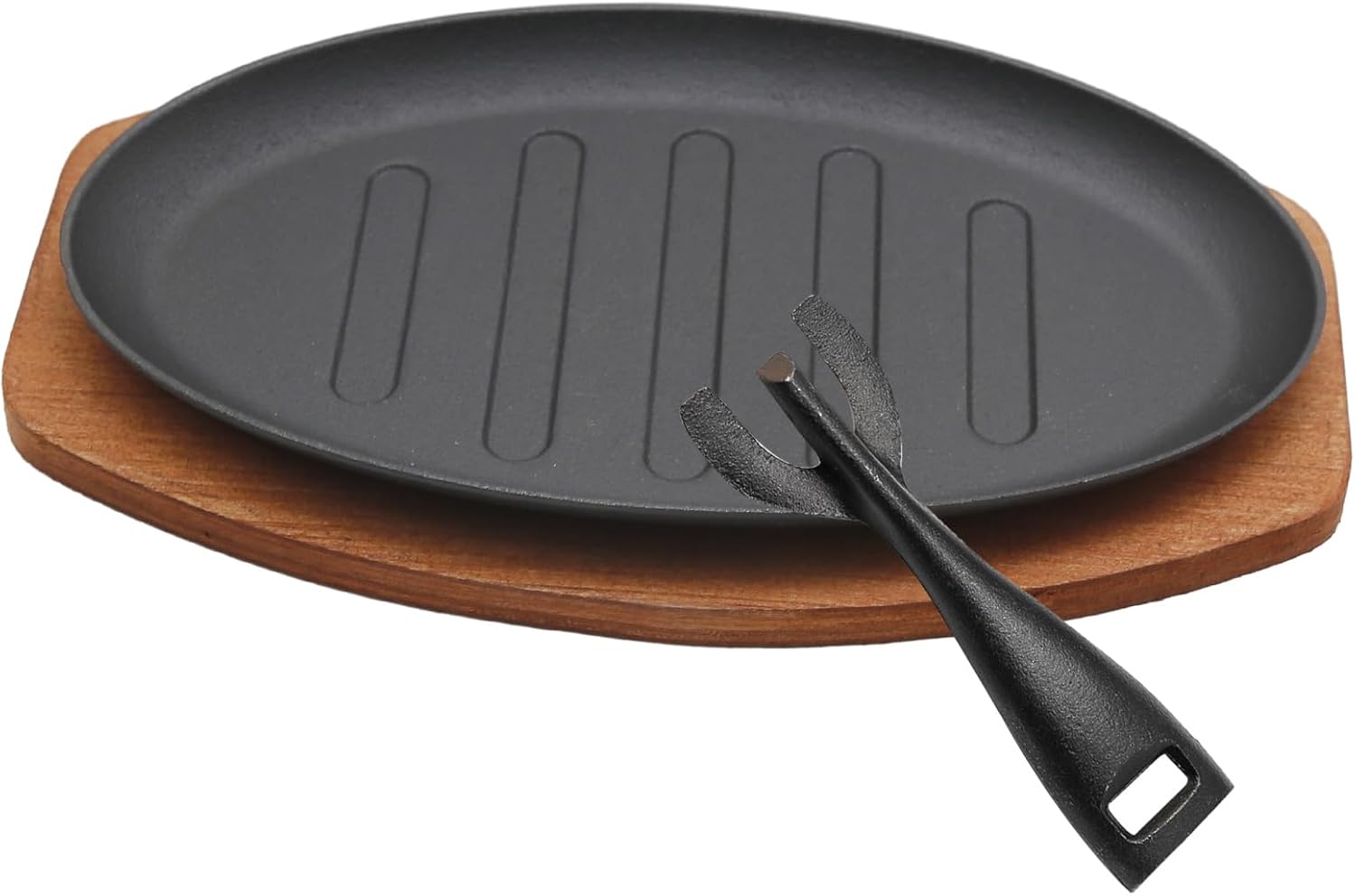 Cast Iron Steak Plate Sizzle, Round Shape Grill Fajita Server Plate, Fajita Skillet with Wooden Base Steak Pan, Household use or Restaurant Supply (10 inch)