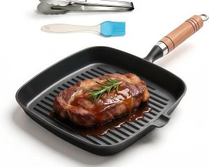 Cast Iron Grill Pan, 8.6" Griddle Pan Skillet with Pour Spout for Searing Steak
