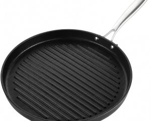 12 Inch Cast Iron Grill Pan with Stainless Steel Handle, Pre-Seasoned Round Ribbed Skillet for Stovetop, Oven & Grill, Perfect for Steak, Burgers, Indoor & Outdoor BBQ