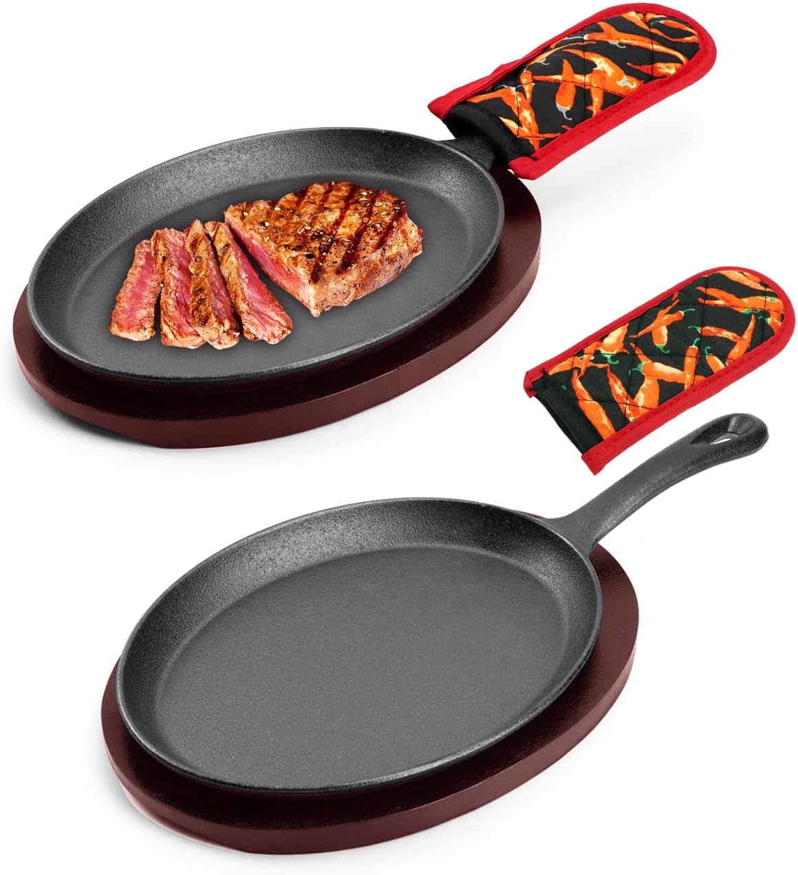 Sizzling Plate with Wooden Base Fajita Skillet with Scald Protection Hot Mitt Cast Iron Plate for Home Barbeque Kitchen Service (2PCS)