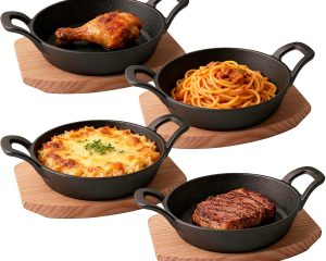 4 Pack Small Cast Iron Skillet Set with Iron Handles & Wooden Trays - 6.4 Inch Mini Cast Iron Pans for Sizzling Fajitas, Steaks, Baking & BBQ | Oven Safe for Indoor and Outdoor Use (Black)