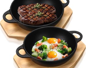2 Sets Mini Cast Iron Skillet with Wooden Base Small Cast Iron Plates Skillet Pan Round Fajita Plate Hot Steak Pot Dish for Baking Cooking (9.45 Inch)