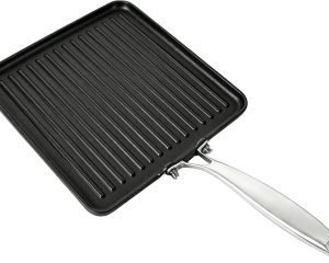 11 Inch Square Cast Iron Grill Pan, Pre‑Seasoned Ridged Skillet with Stainless Steel Handle, Even Heating Griddle for Burger Steak, Indoor Outdoor Stovetop BBQ Compatible