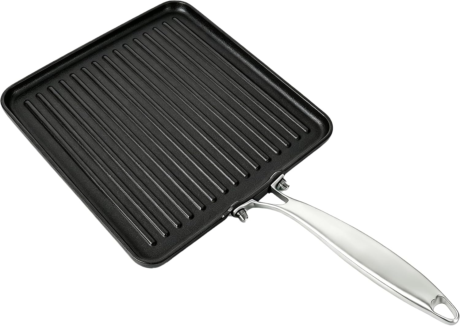 11 Inch Square Cast Iron Grill Pan, Pre‑Seasoned Ridged Skillet with Stainless Steel Handle, Even Heating Griddle for Burger Steak, Indoor Outdoor Stovetop BBQ Compatible