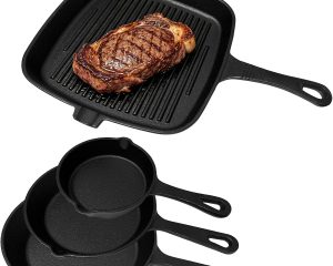4PCS Pre-Seasoned Cast Iron skillets, Nonstick Frying Pans, Heavy-Duty Pan Cookware Set for Steak, Eggs, Pancakes, Heavy Iron Cookware for Low-Oil Cooking