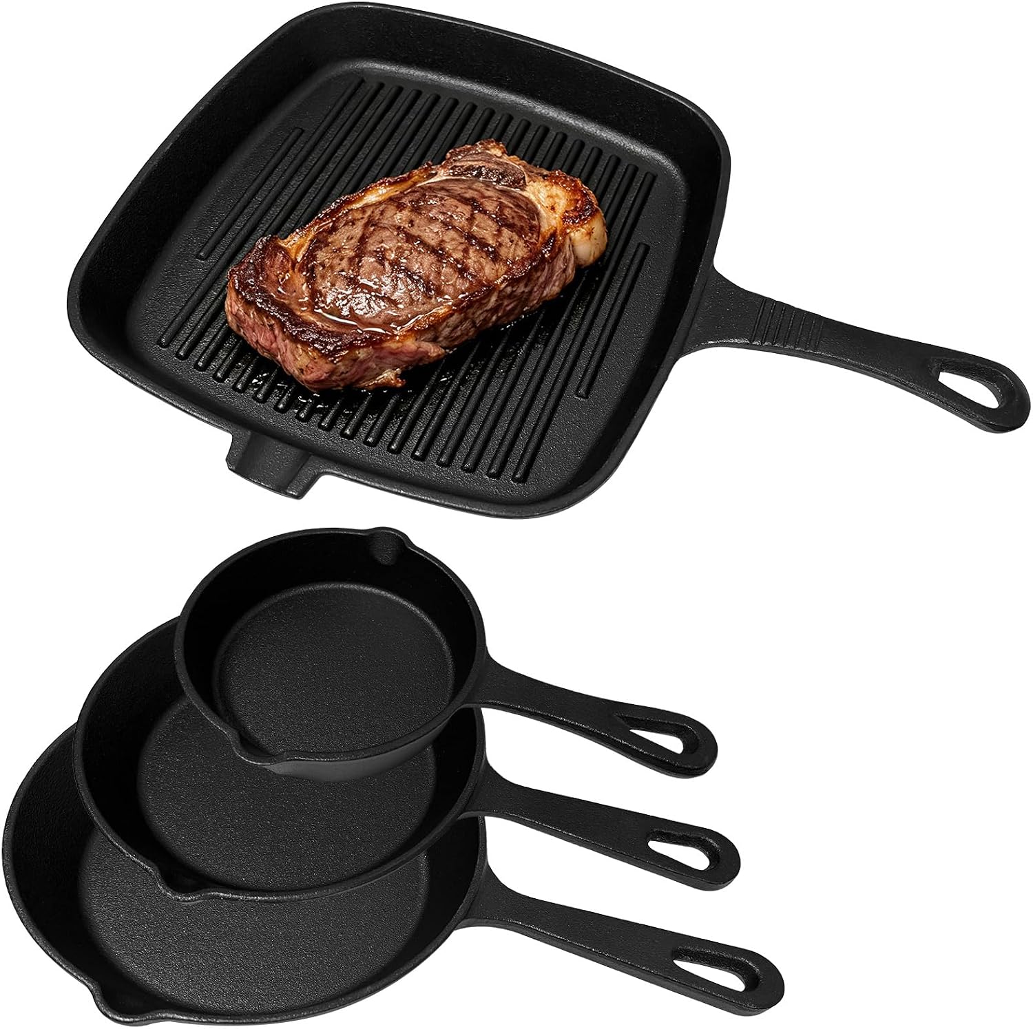 4PCS Pre-Seasoned Cast Iron skillets, Nonstick Frying Pans, Heavy-Duty Pan Cookware Set for Steak, Eggs, Pancakes, Heavy Iron Cookware for Low-Oil Cooking