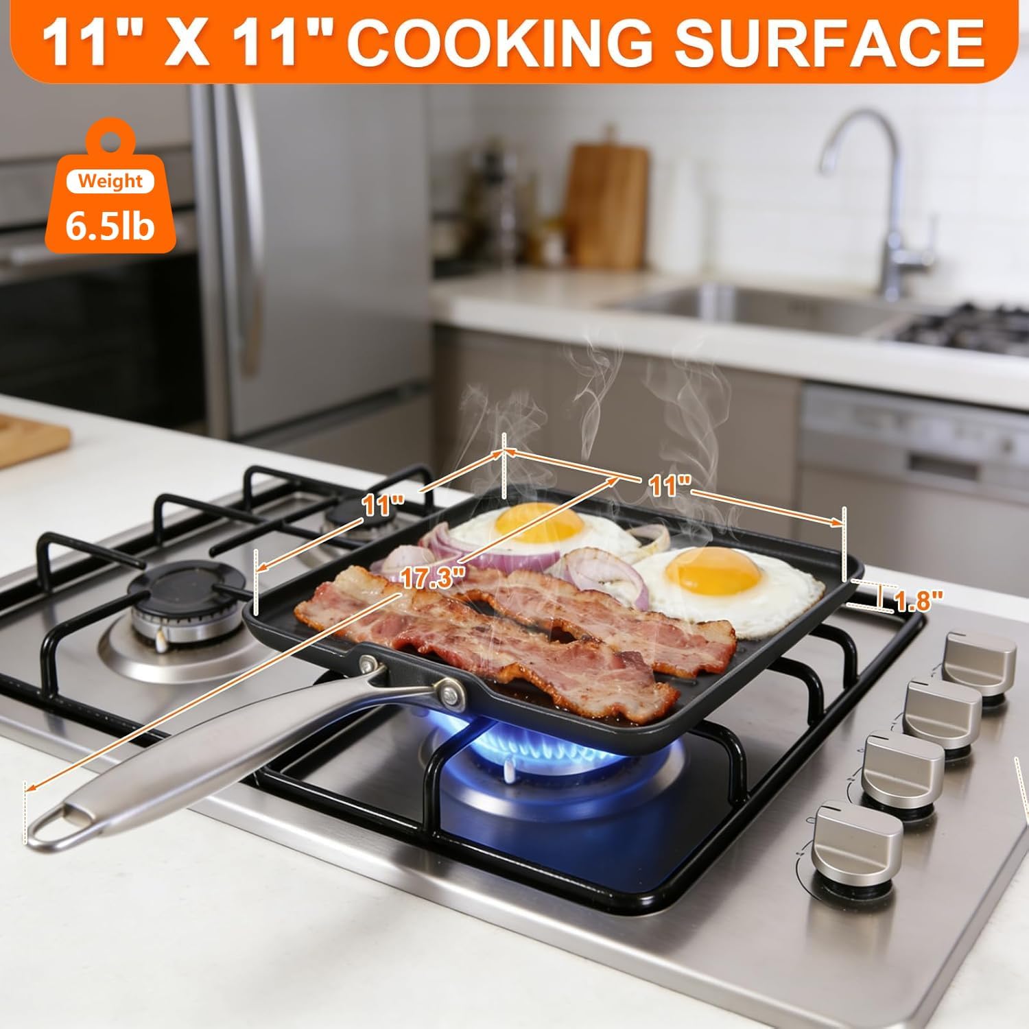 11 Inch Square Cast Iron Grill Pan, Pre‑Seasoned Ridged Skillet with Stainless Steel Handle, Even Heating Griddle for Burger Steak, Indoor Outdoor Stovetop BBQ Compatible