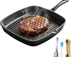 Cast Iron Grill Pan 9.5" Square Griddle Skillet with Pour Spout, Oven Safe