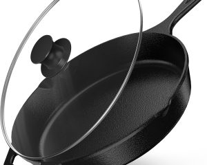 Premium Saute Frying Pan 12 Inch, Cast Iron Chefs Pan, Pre Seasoned Cast iron Skillet With Lid, Safe Grill Cookware for Indoor & Outdoor Use, Black