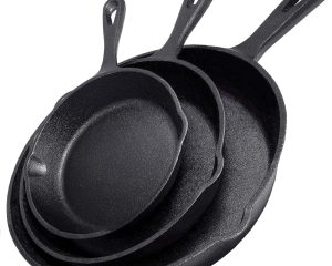 Cast Iron Skillet 3-Piece Set w/Cookbook - Heavy-Duty Professional Restaurant Chef Quality Pre-Seasoned Pan Cookware - 10", 8", 6.25" Pans - For Frying, Saute, Cooking, Pizza - Black