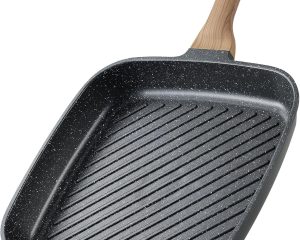 11 Inch Nonstick Grill Pan for Steak - Premium Granite Nonstick Coating, Square Grill Skillet, Indoor Outdoor RV Camping Use, Gas & Induction Safe, All Stovetops Compatible, PFOA Free, Black