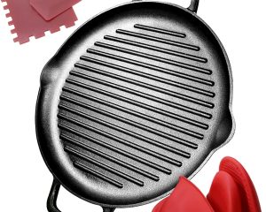 Cast Iron Grill Pan, 12.6 inch Griddle Pan with Dual Handles, Pre-Seasoned Heavy-Duty Cast Iron Skillet for Stovetop, Oven, Indoor & Outdoor BBQ Use